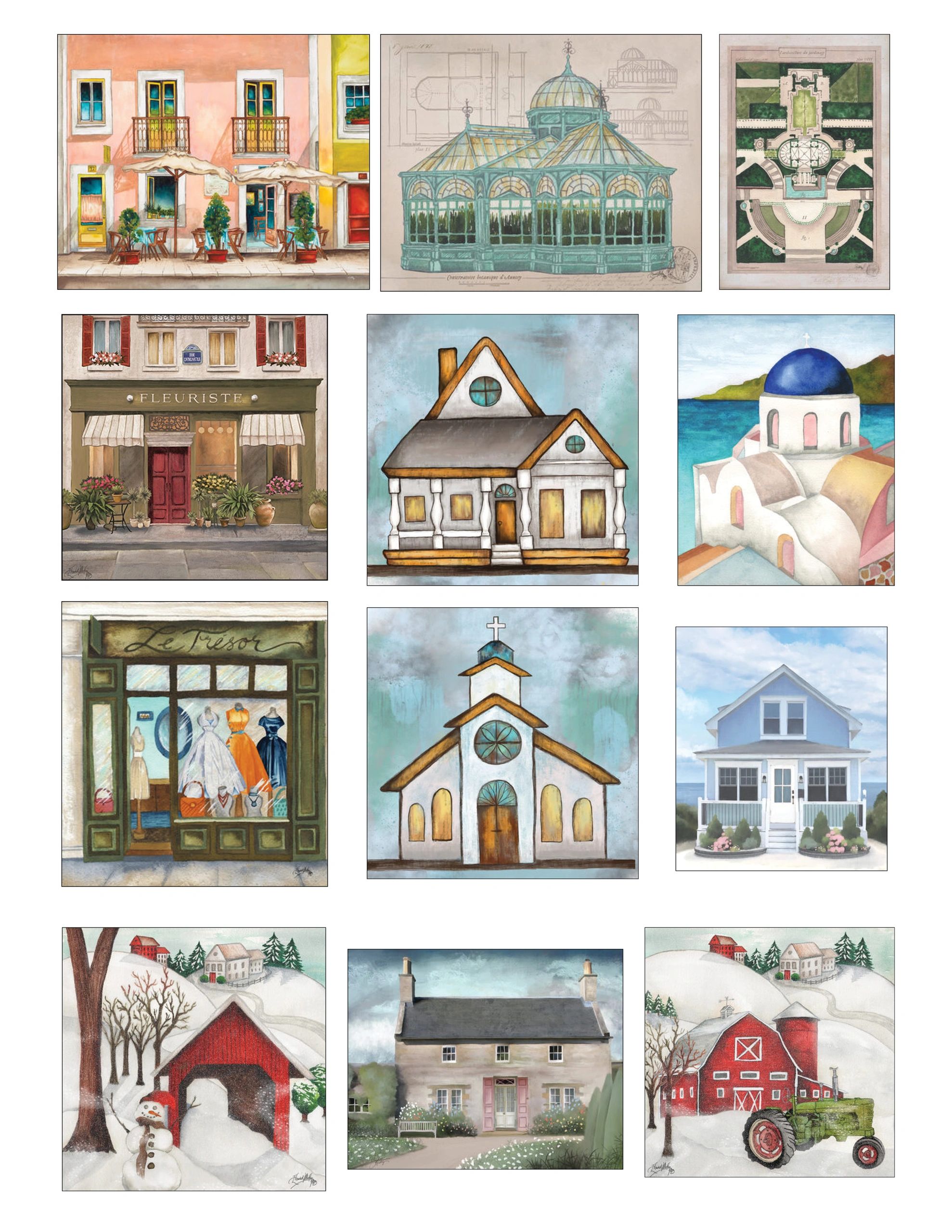 Collage of charming buildings and scenery illustrations