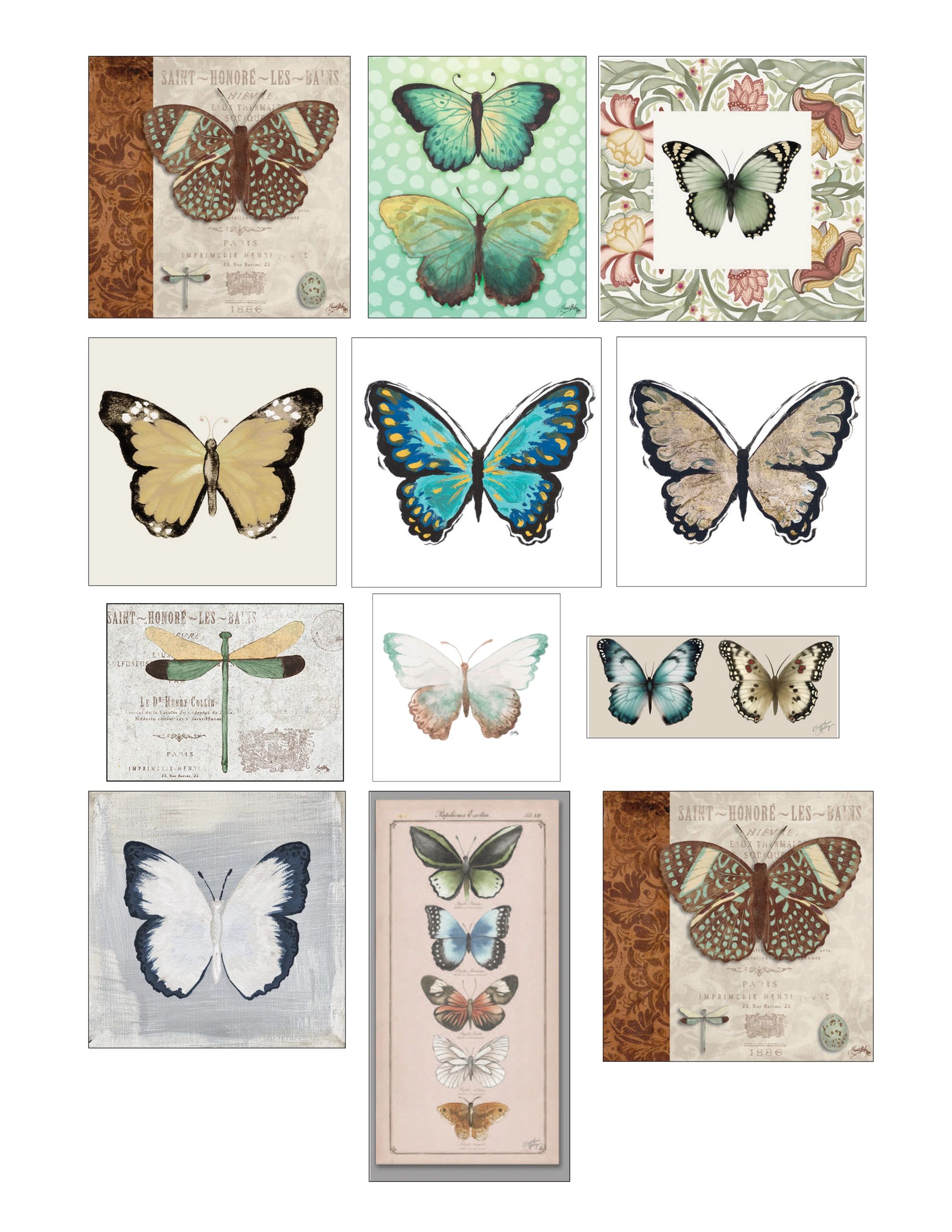 Collection of artistic butterfly paintings in various styles and colors.