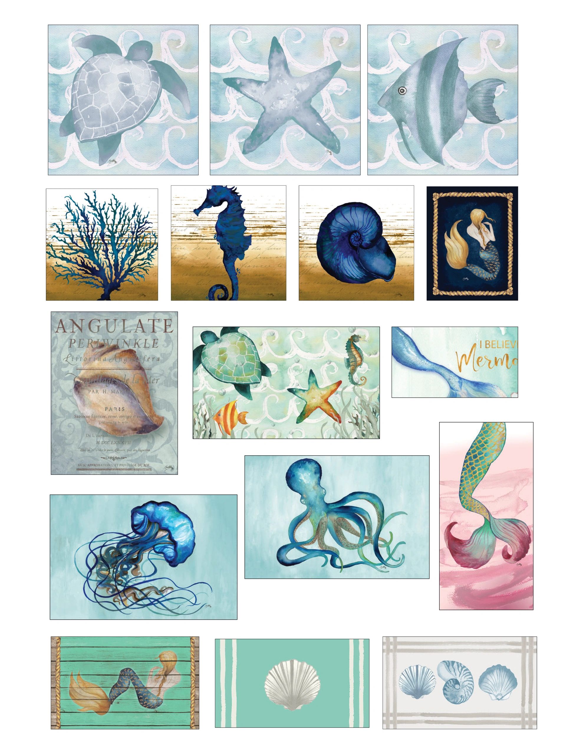 Watercolor marine life and mermaid illustrations.
