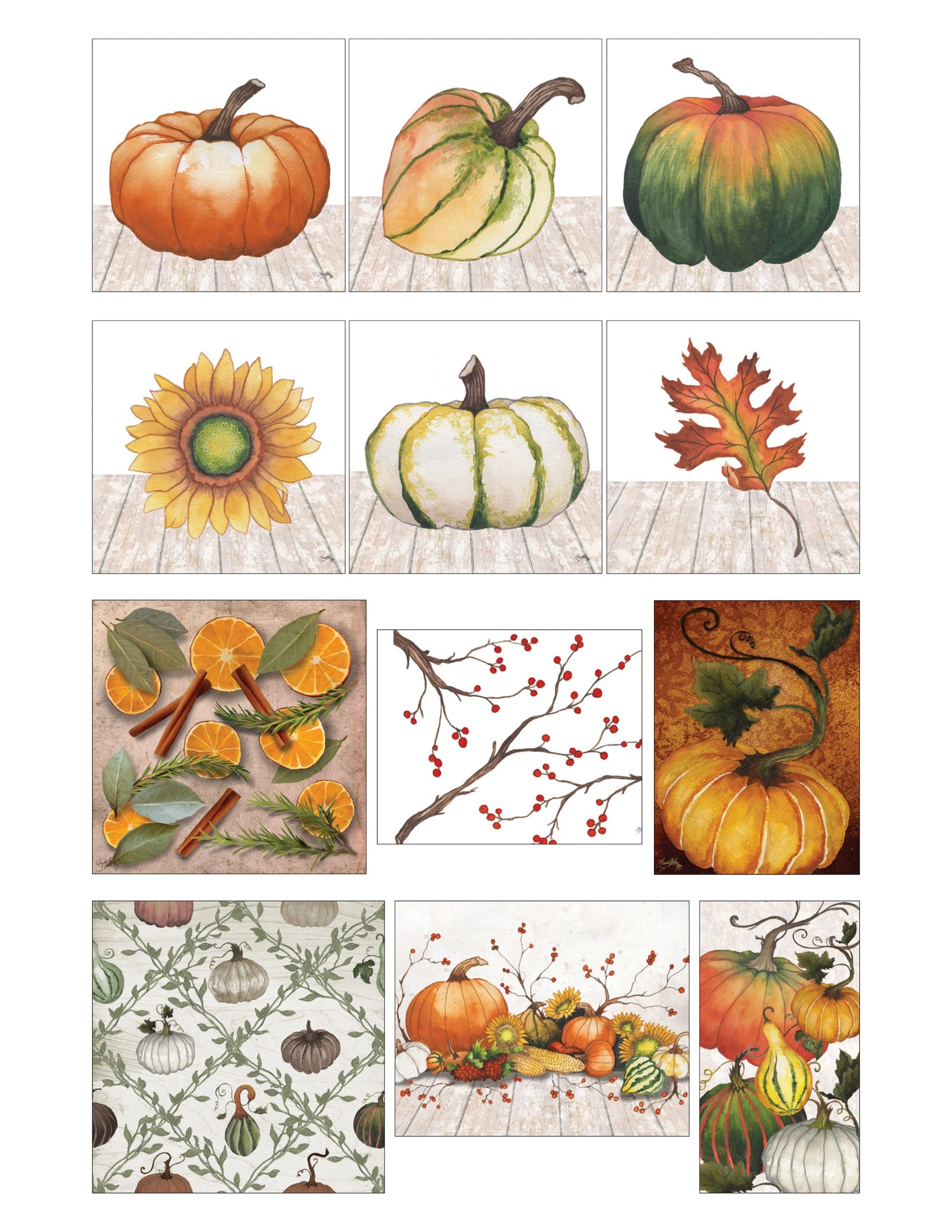 Autumn-themed watercolor illustrations of pumpkins, leaves, and harvest items.