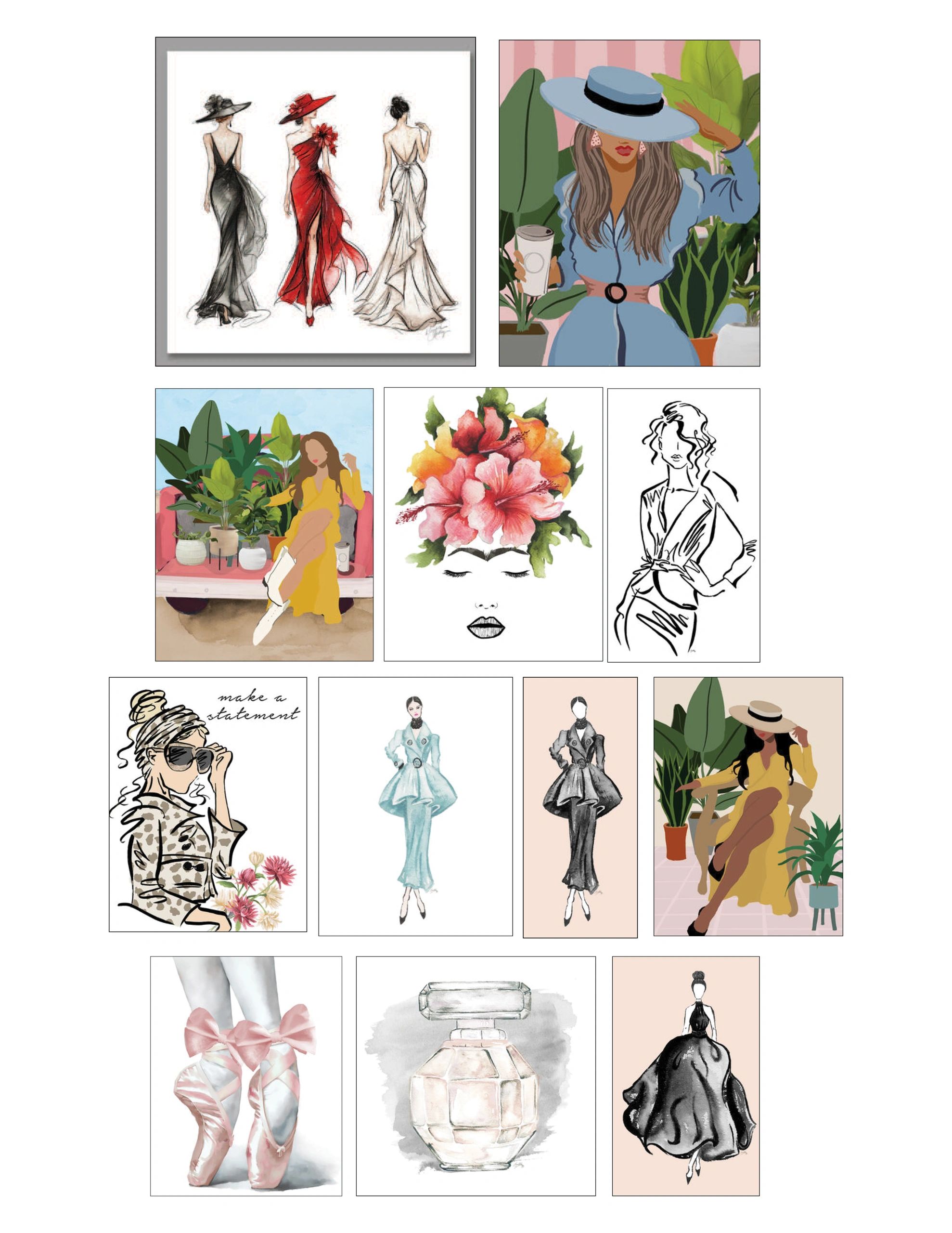 Fashion and floral illustrations collage.