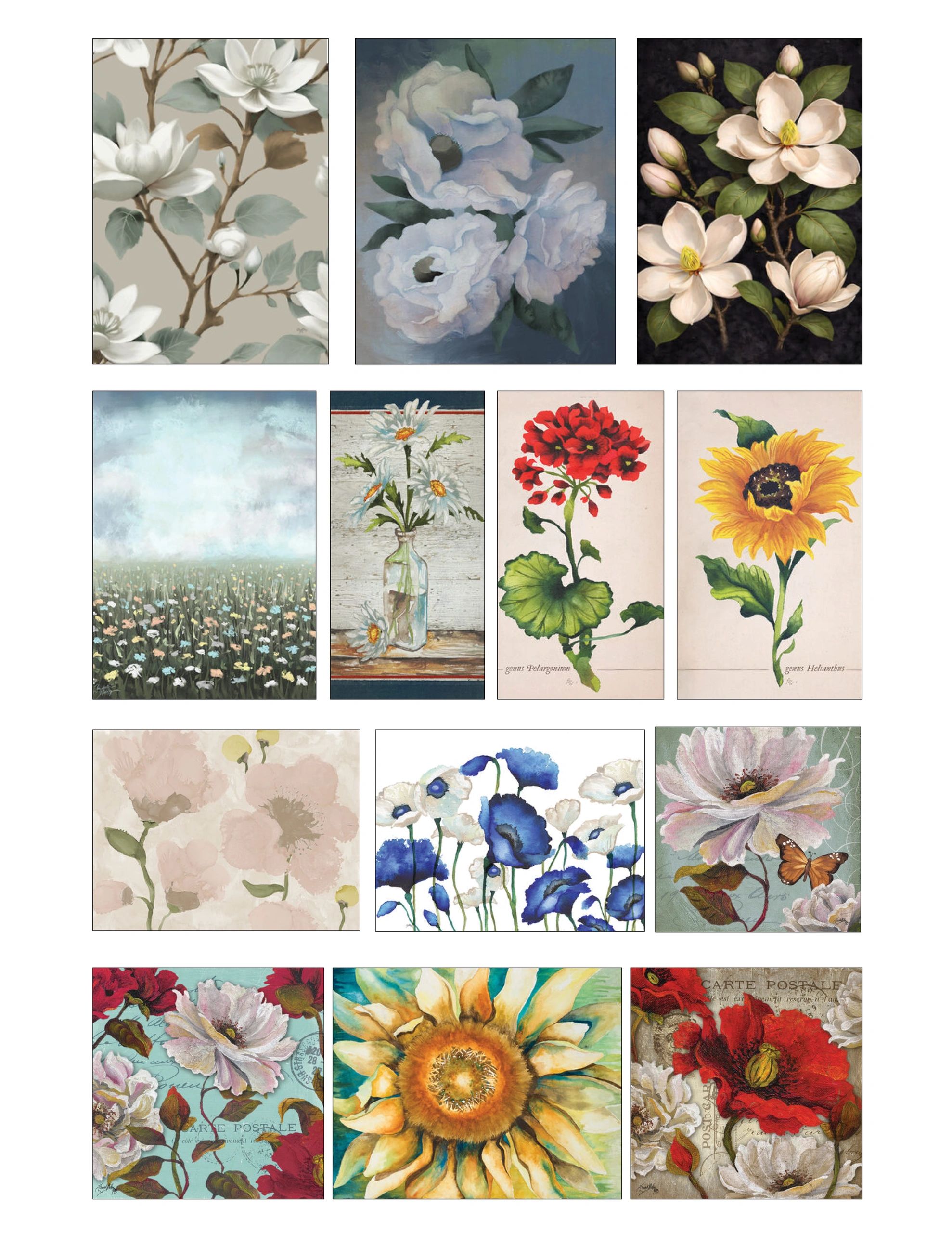 Collage of various floral paintings and prints.