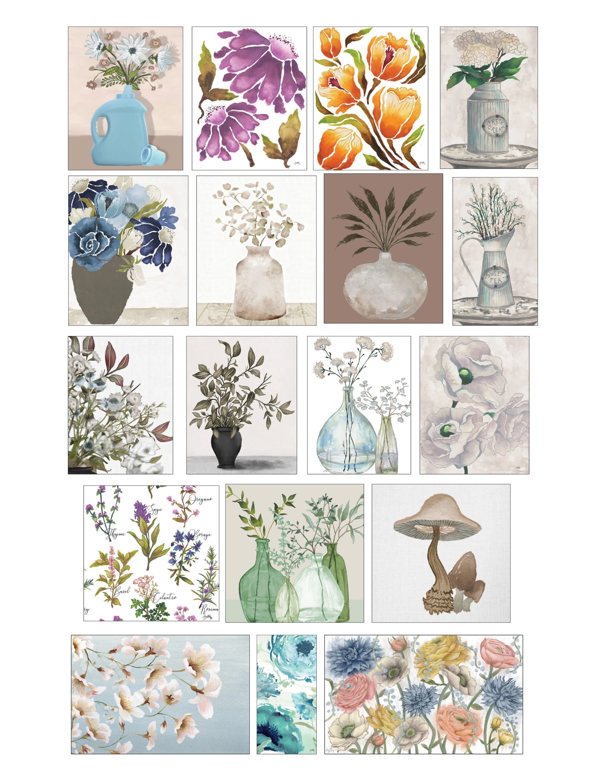 A collection of floral and nature-themed watercolor paintings.