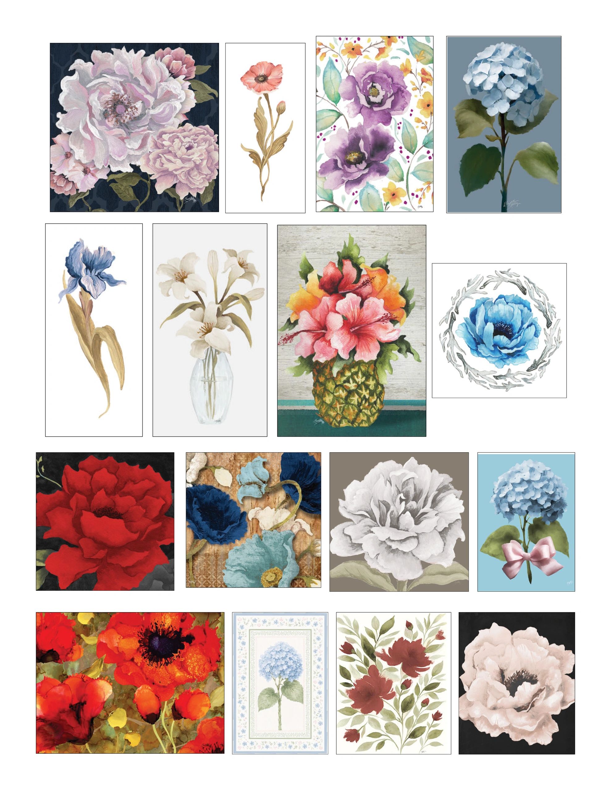 Collection of floral paintings in various styles and colors.