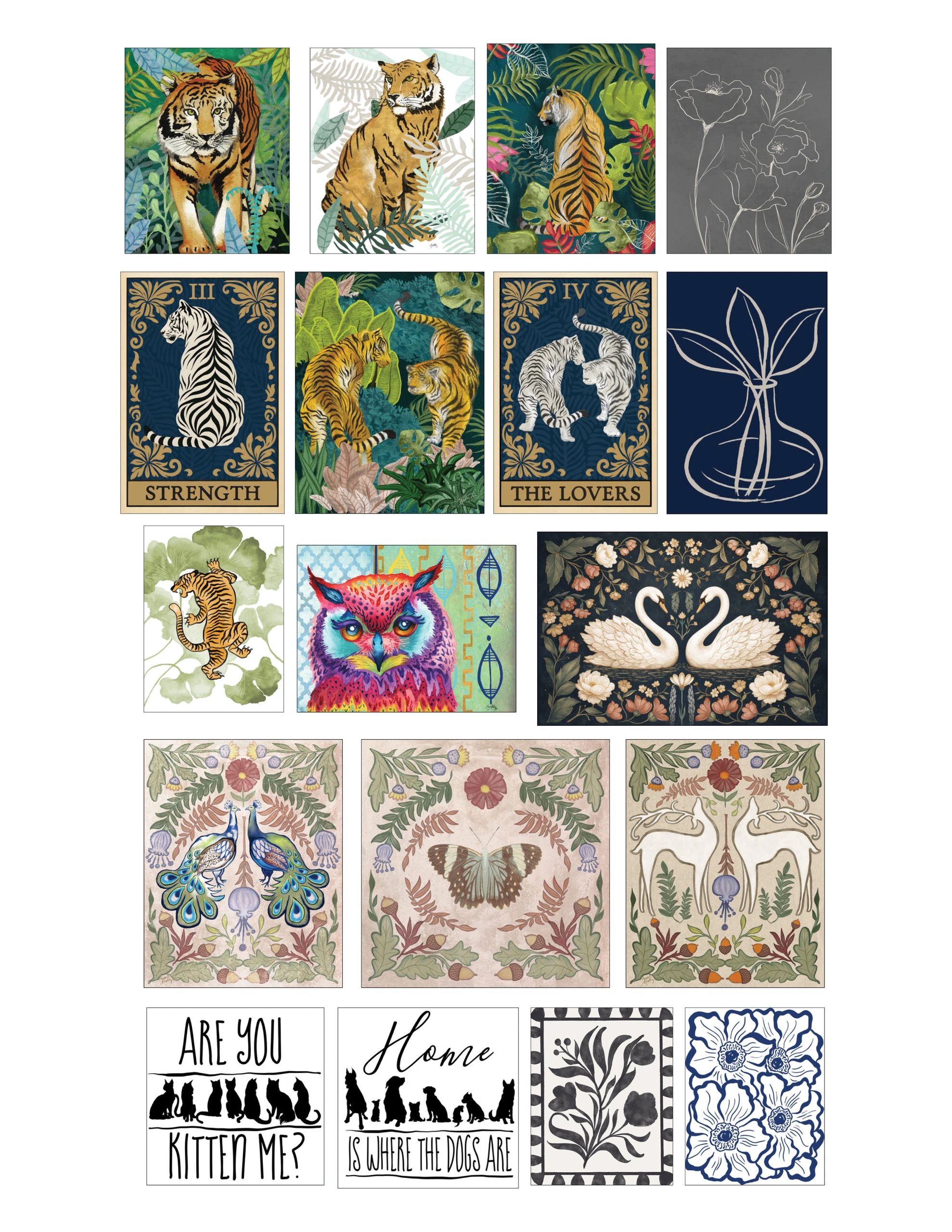 Collection of animal and floral artwork