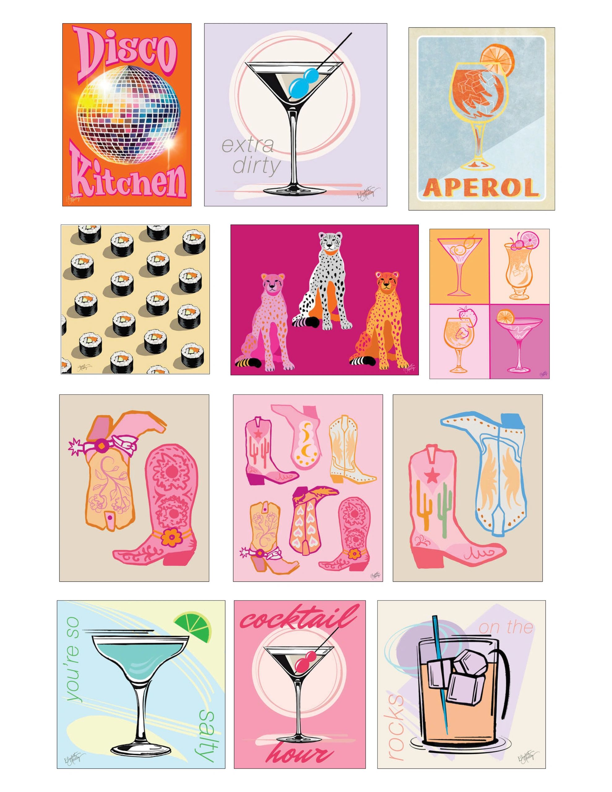 Colorful retro-style illustrations of drinks, cheetahs, sushi, and boots