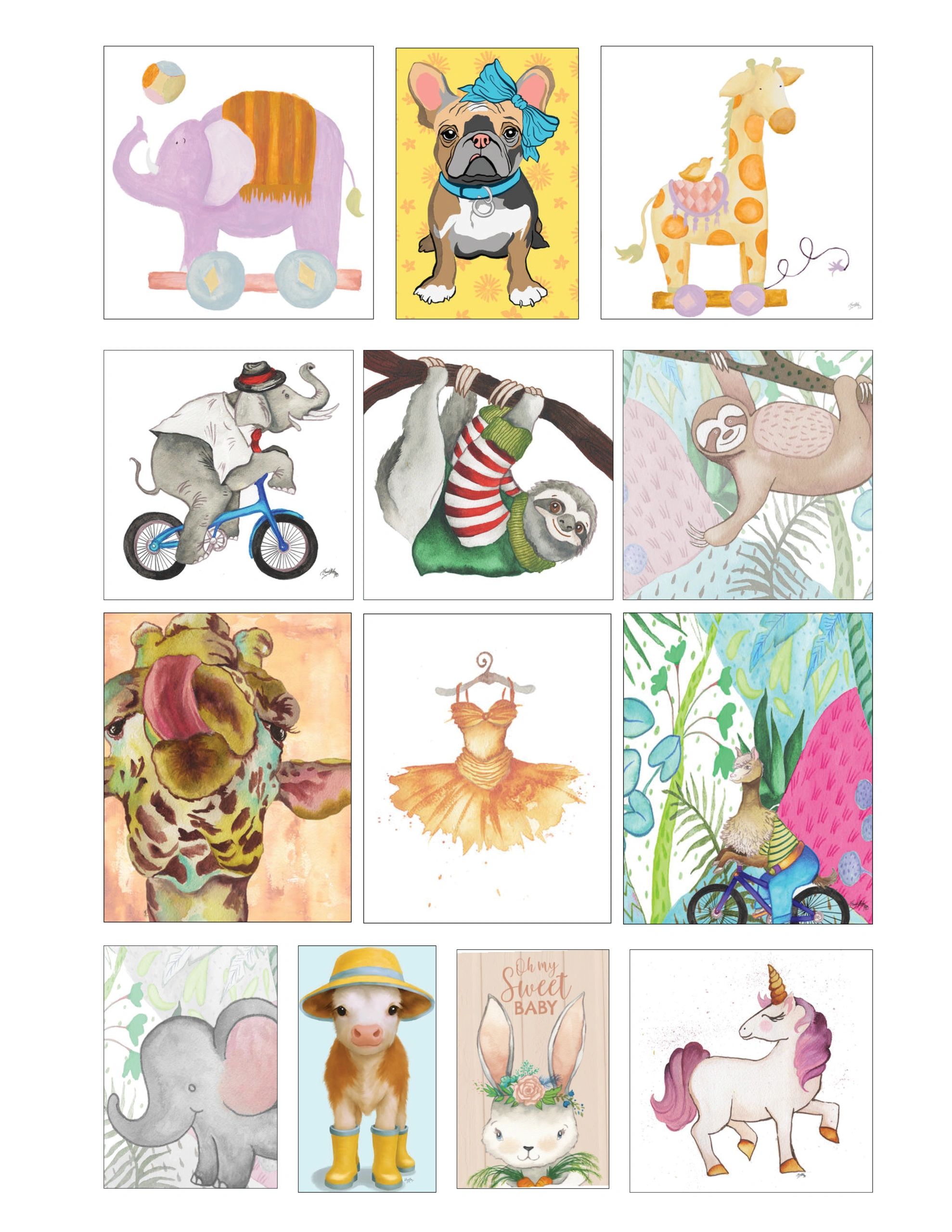 Cute animal watercolor illustrations and paintings with playful and colorful details.