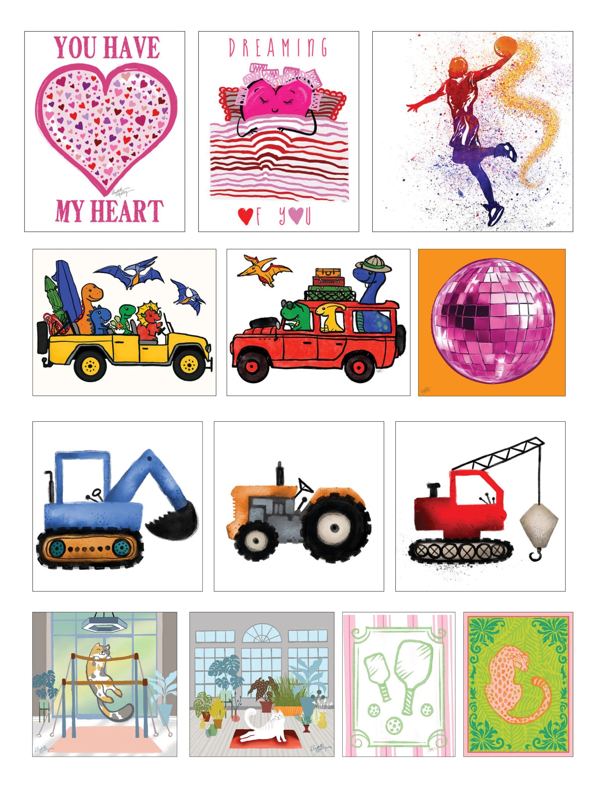 Collage of colorful playful illustrations including hearts, dinosaurs in cars, machinery, cats, and sports.