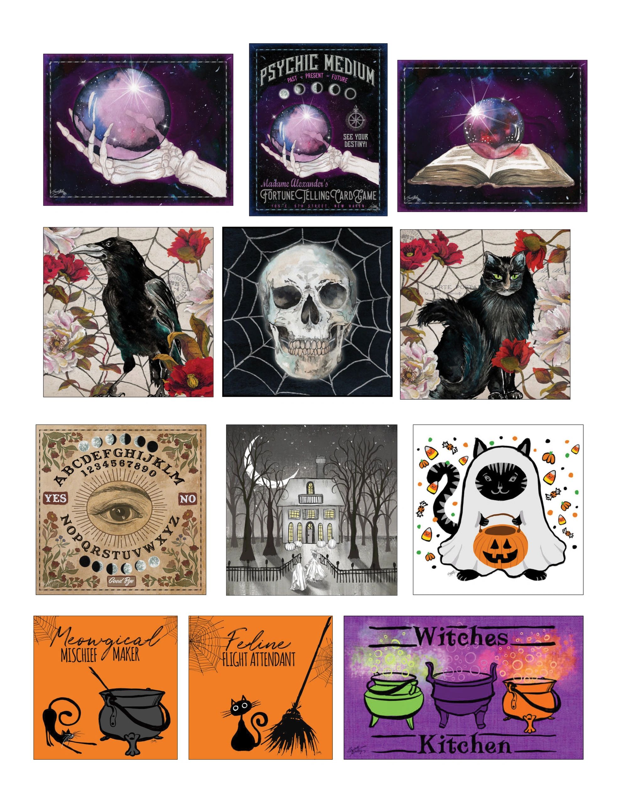 Halloween-themed illustrations featuring cats, skull, crow, crystal balls, and spooky elements.