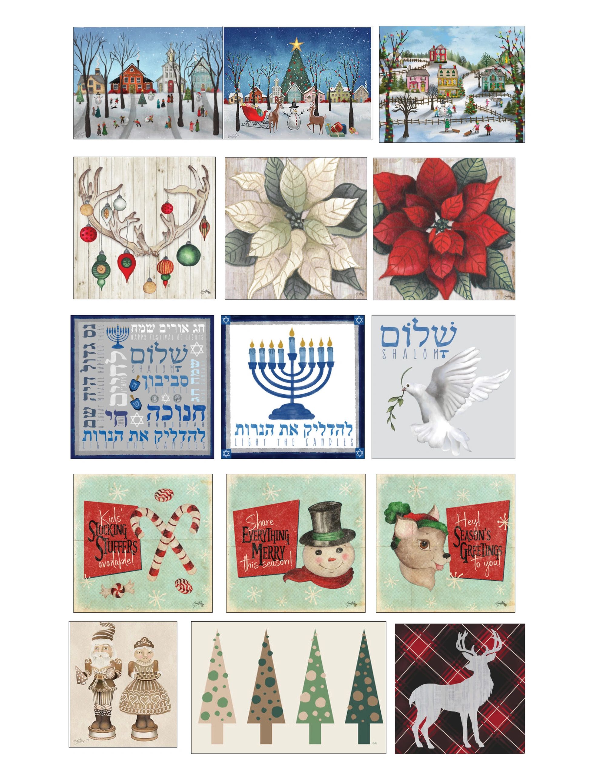 Holiday-themed illustrations and designs in a grid layout.