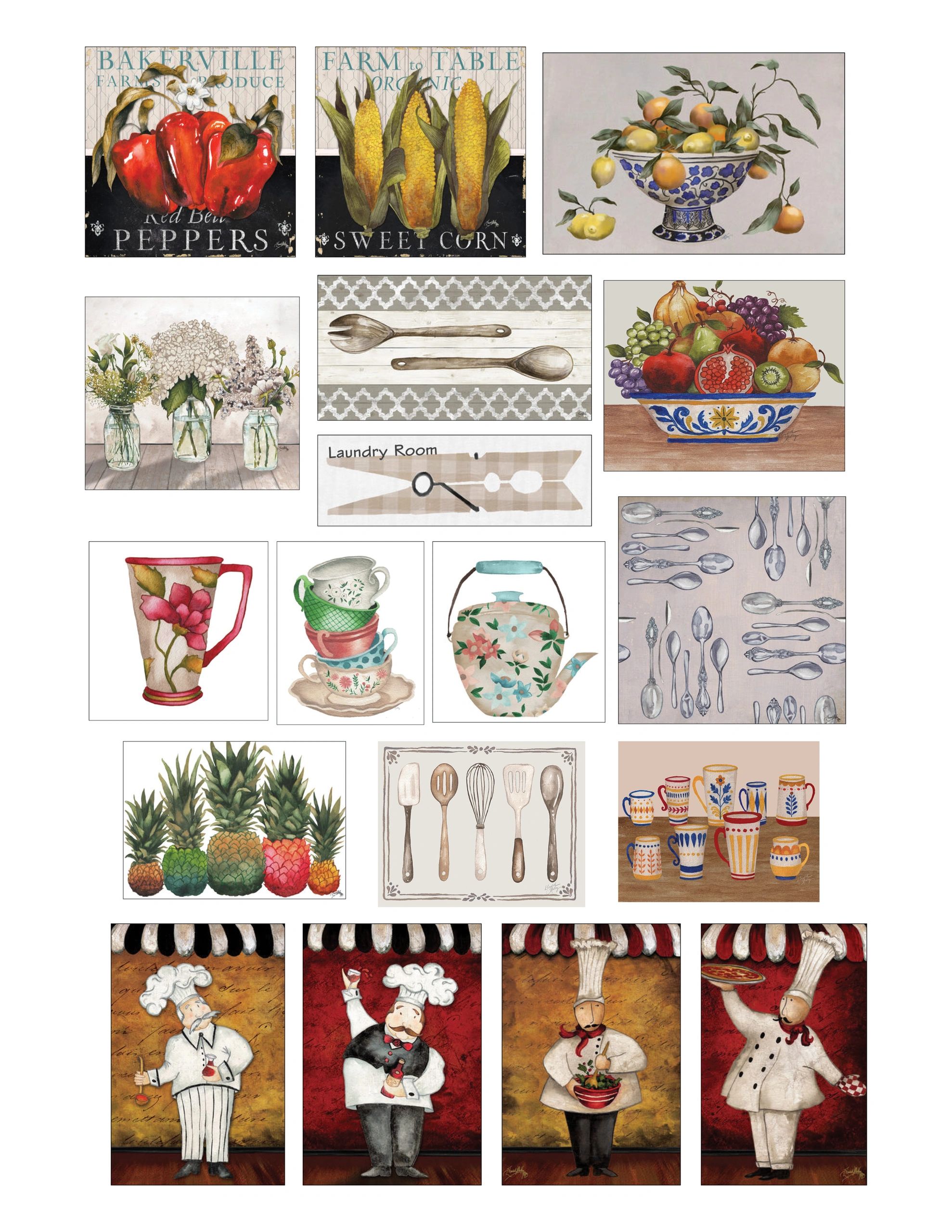 Collage of vintage kitchen and food illustrations.
