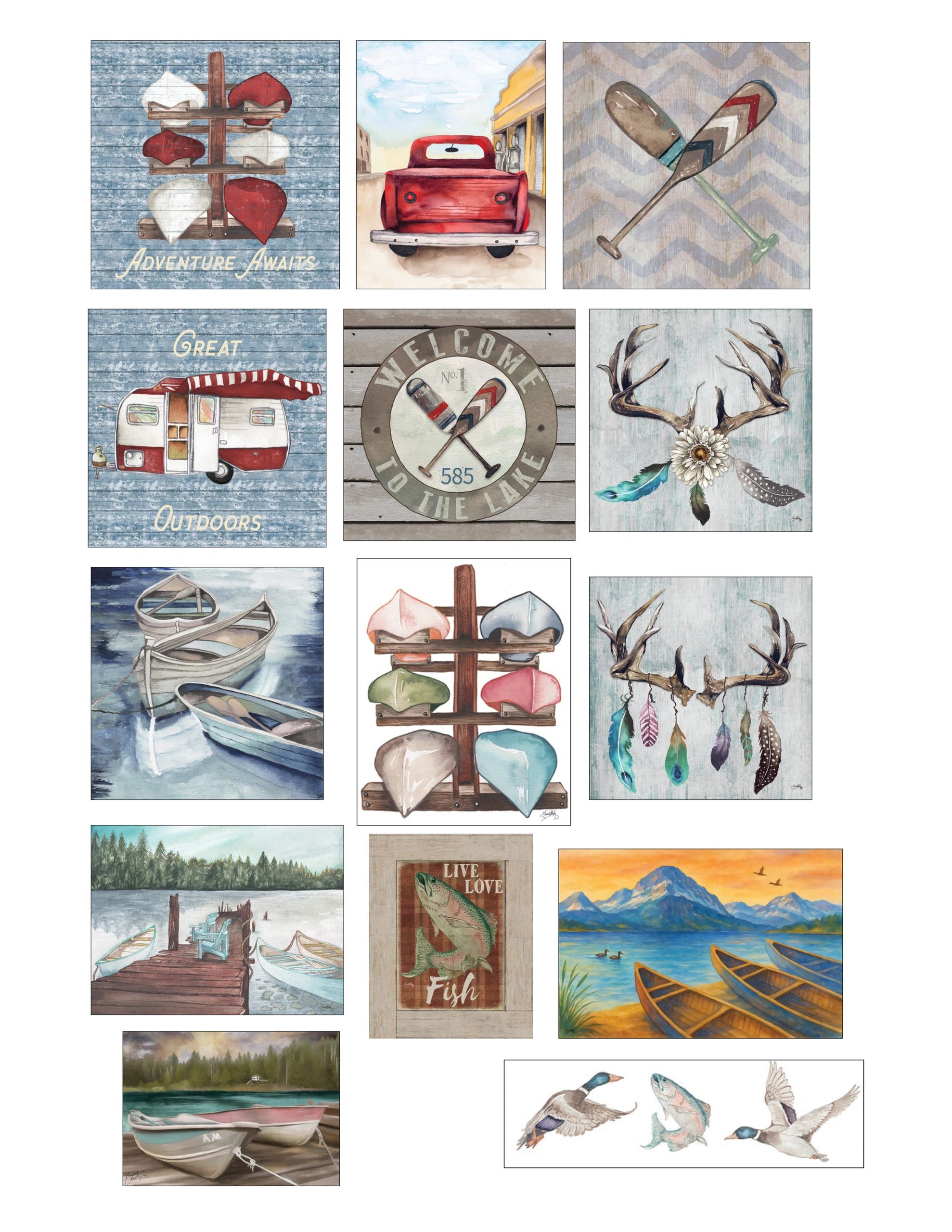 Collage of rustic lakeside and outdoor-themed watercolor paintings.