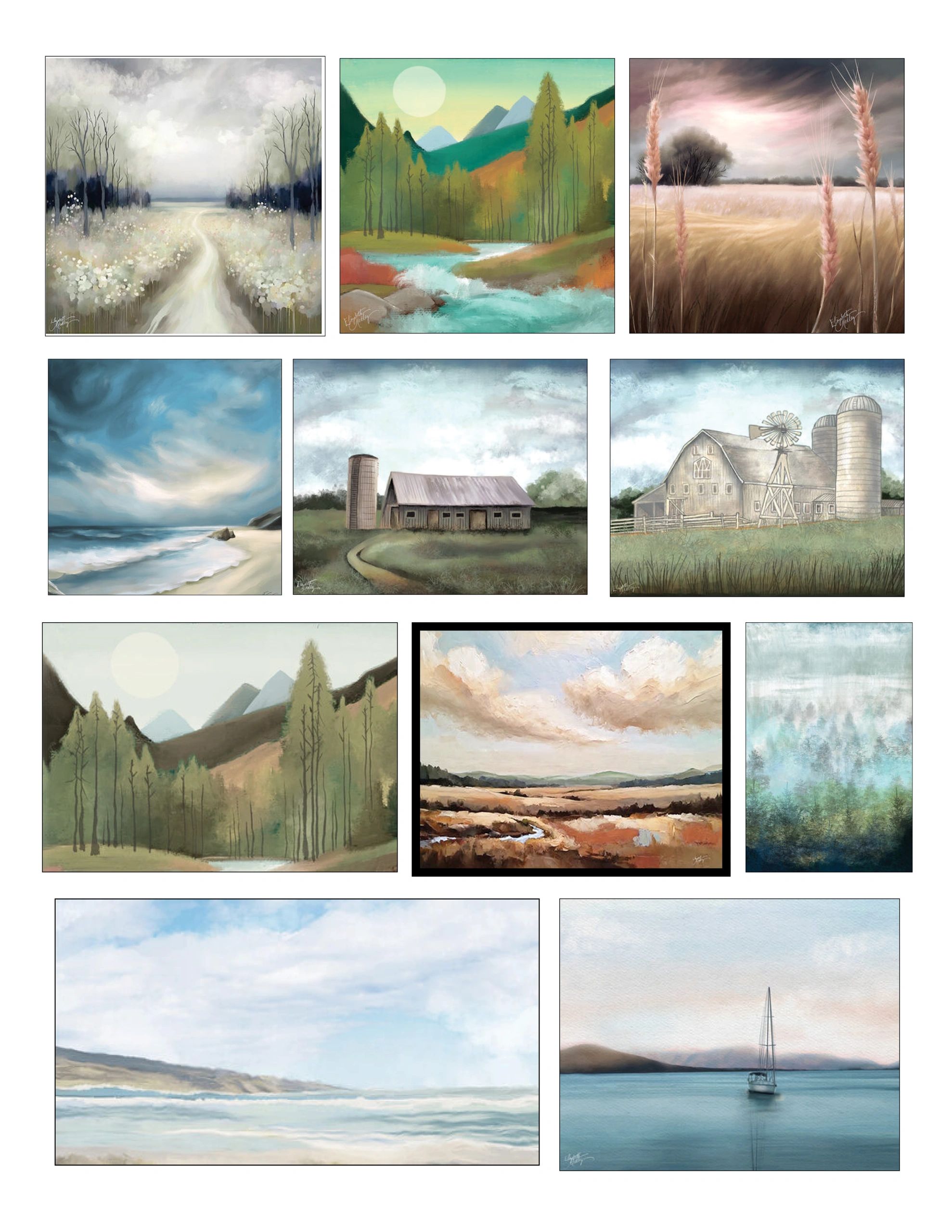 Collection of serene landscape and nature paintings.