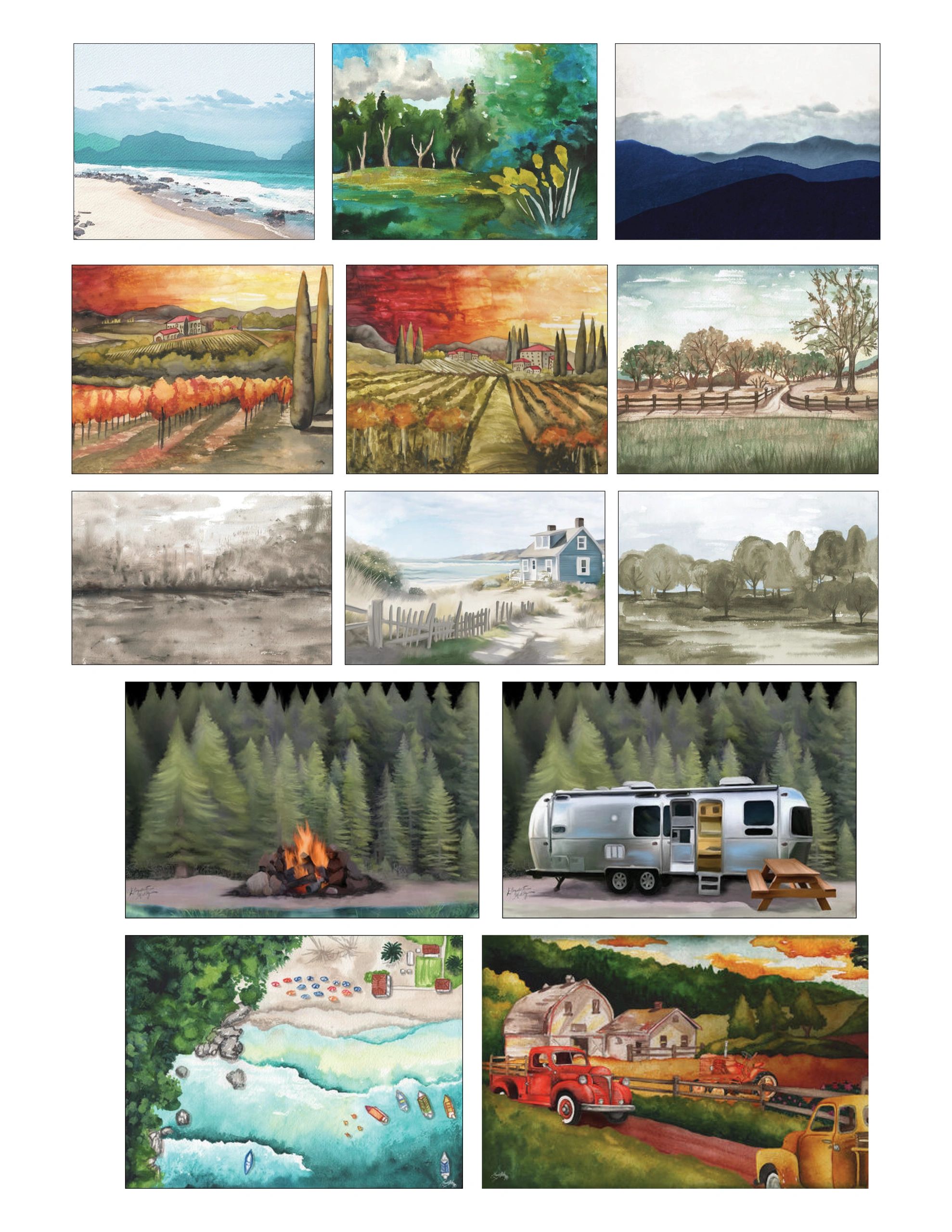 Collection of 12 watercolor nature and rural scenes.
