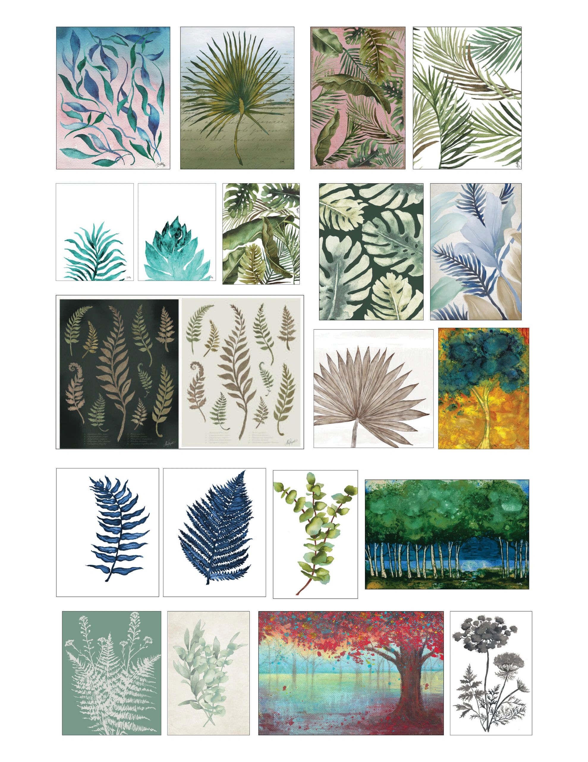 Collage of various botanical watercolor paintings featuring leaves and trees.