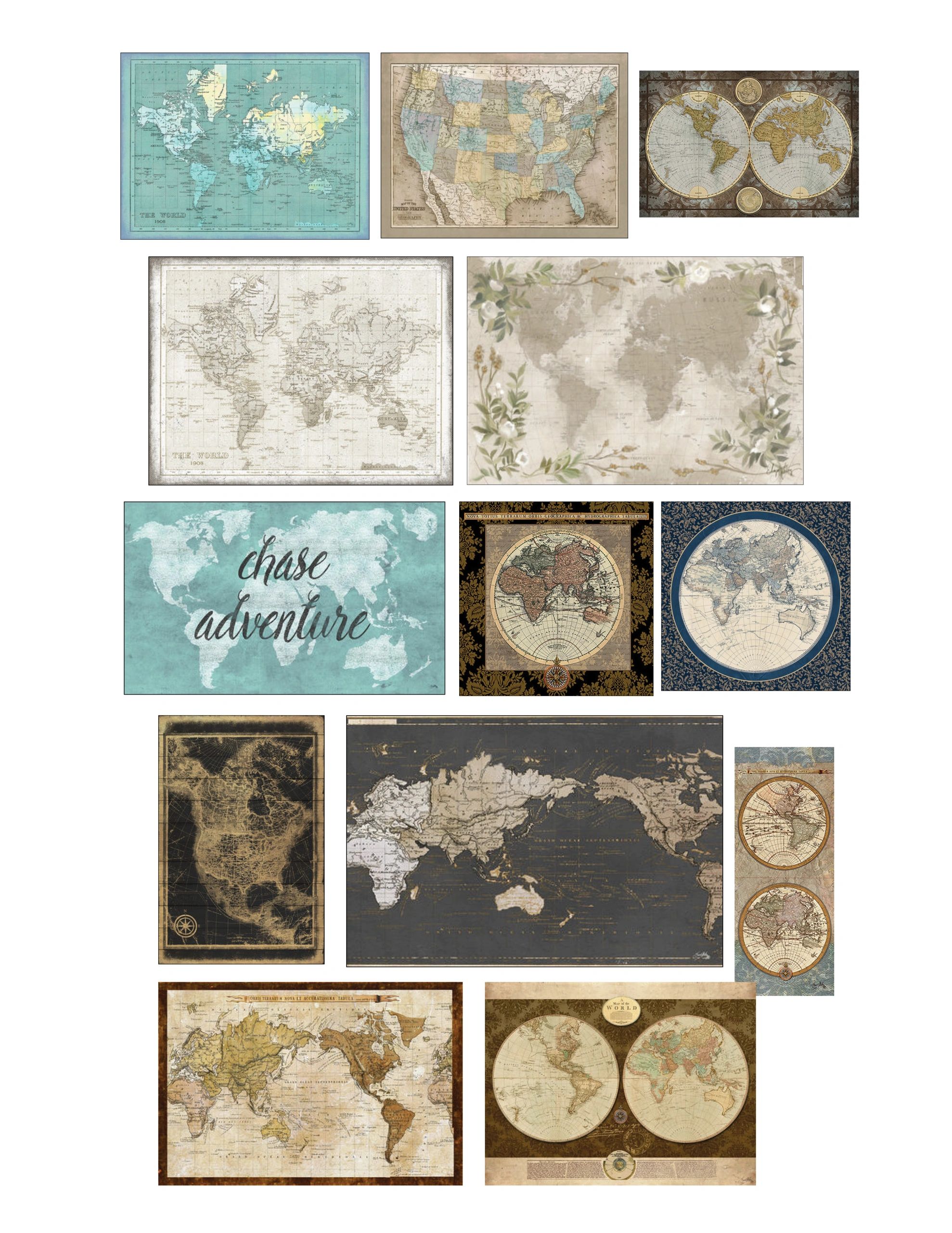 A collage of vintage and artistic world maps.