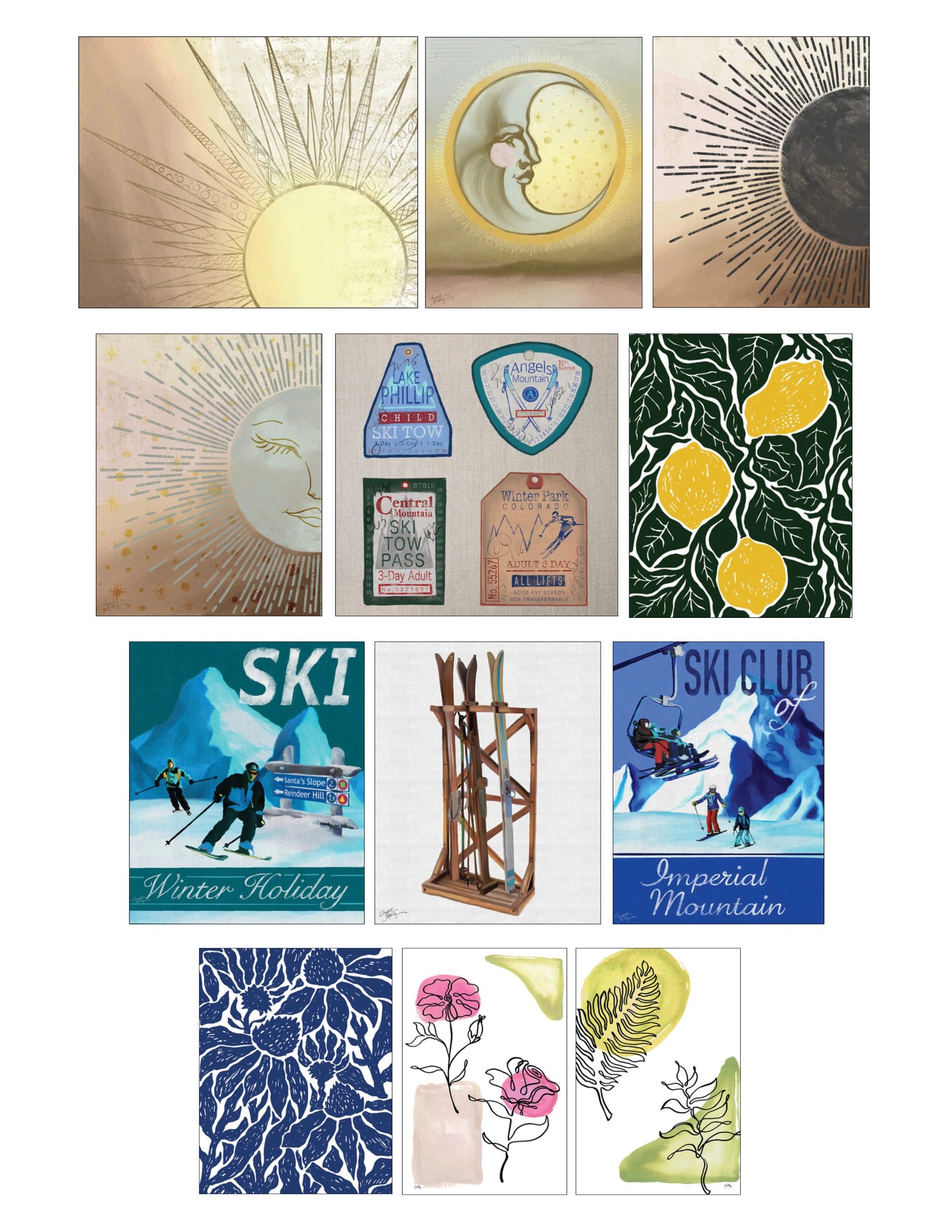 Collection of vintage-inspired art and ski posters.