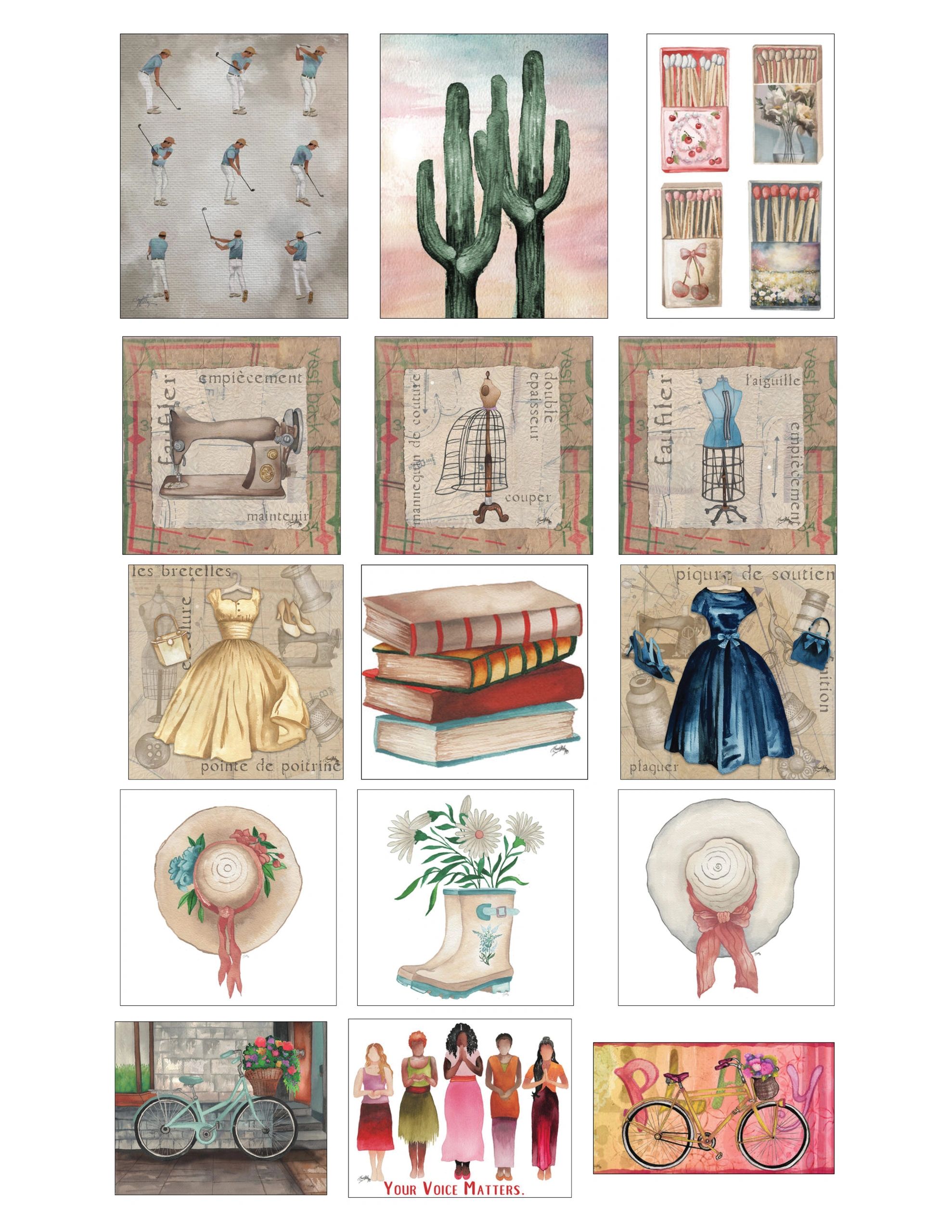 Collection of watercolor paintings featuring diverse subjects.