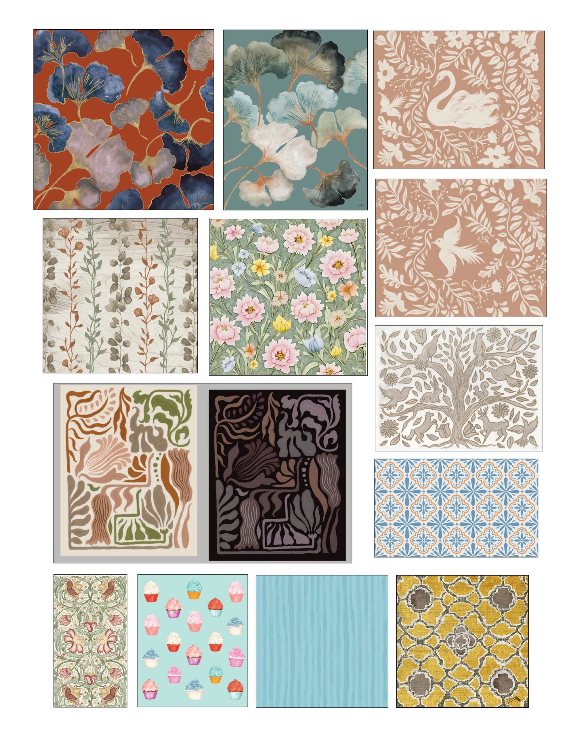 Various patterned textile or wallpaper samples with floral, animal, and geometric motifs.