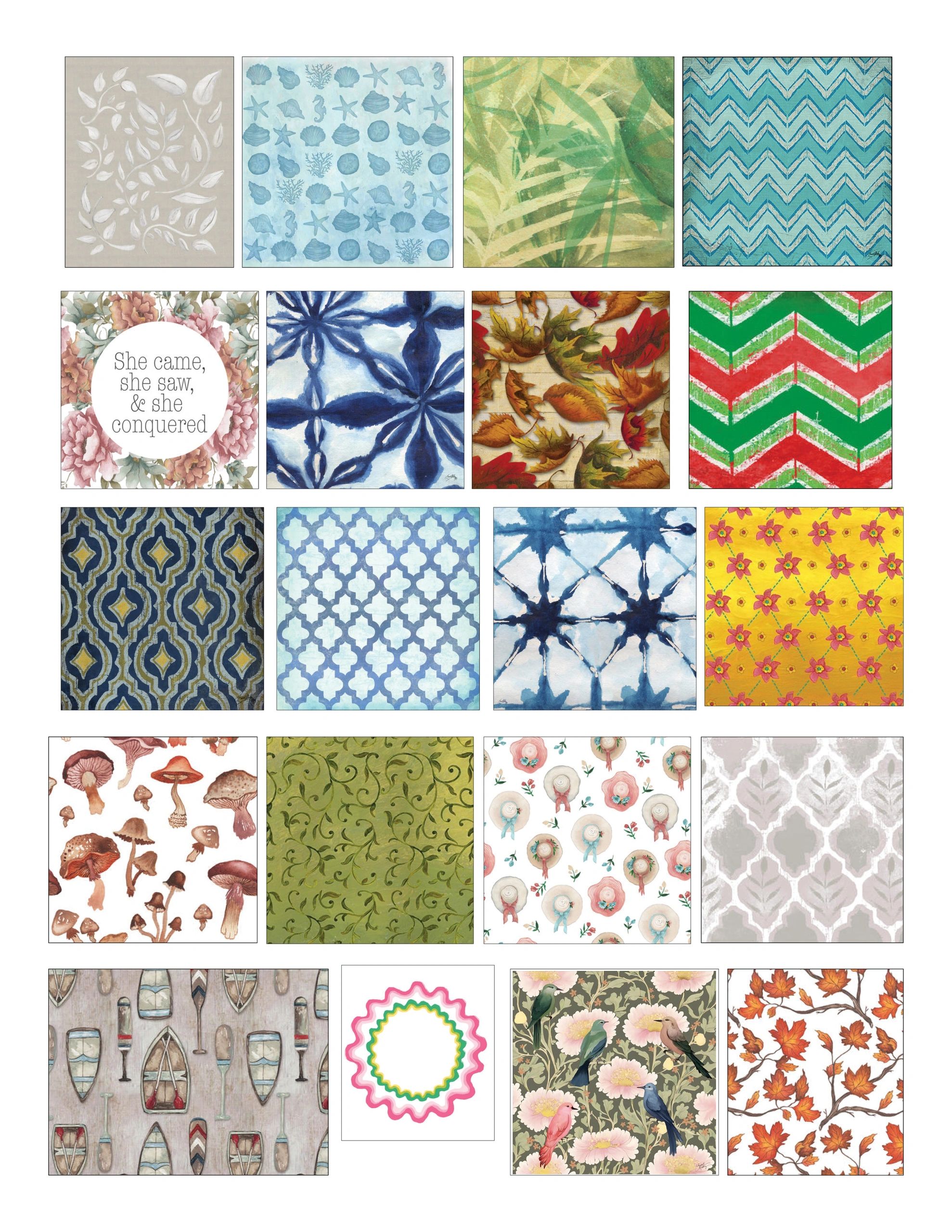 Collage of various patterned and nature-inspired square designs.