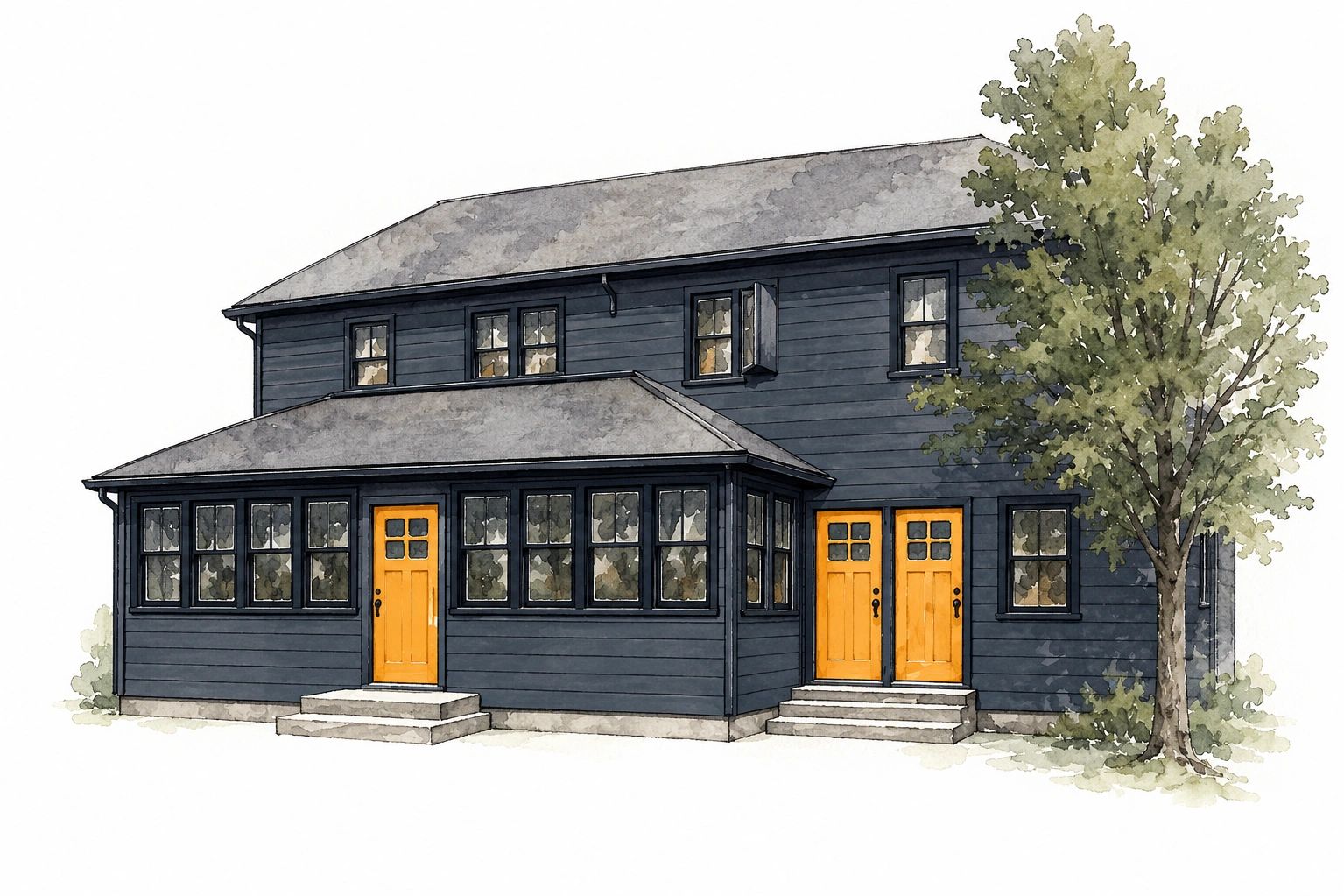 A two-story dark blue duplex with orange doors.
