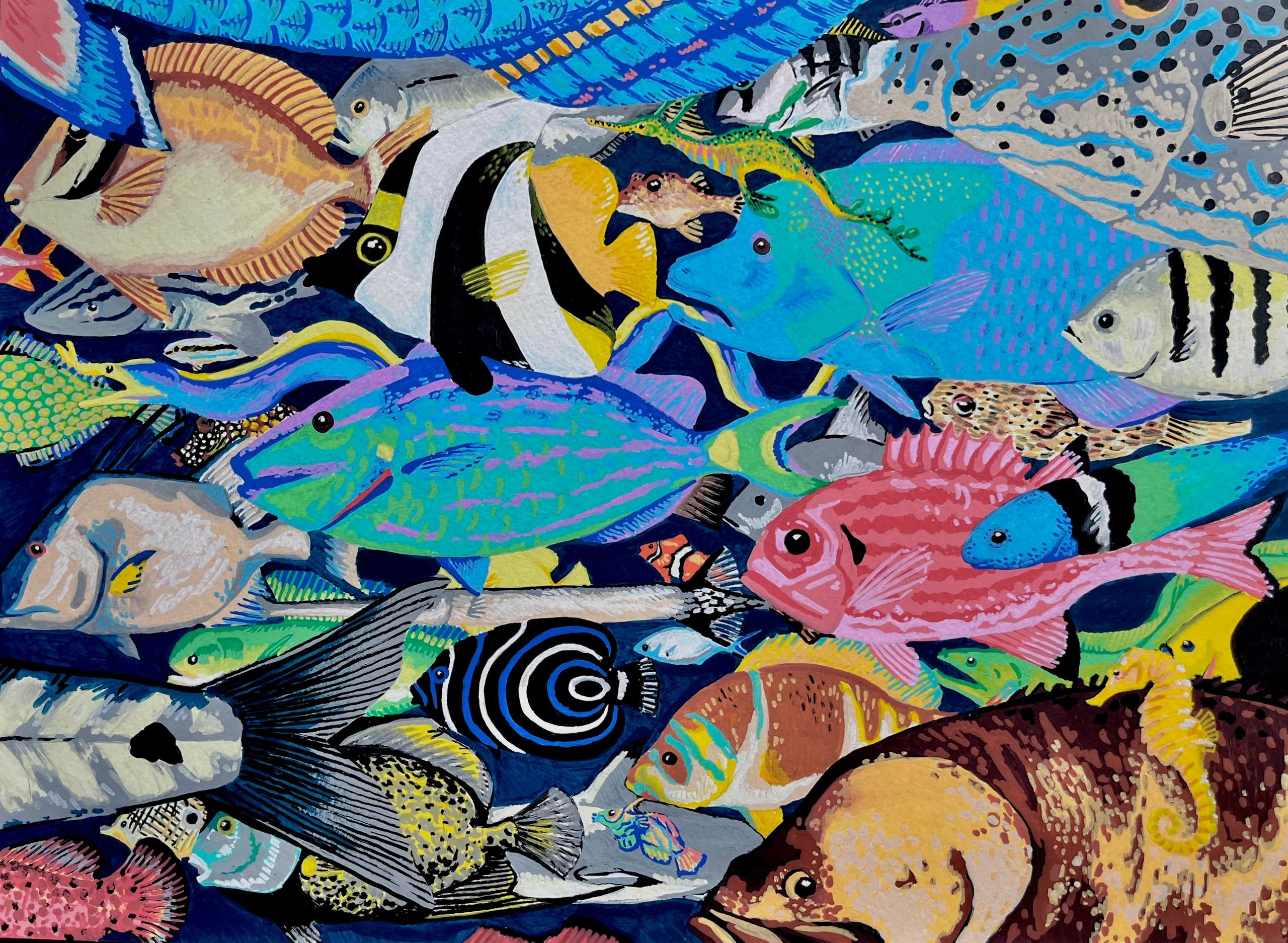 Colorful painting of various fish underwater.