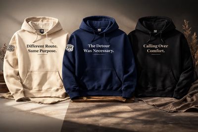 Three hoodies with meaningful phrases displayed, each in different colors: beige, navy, and black.