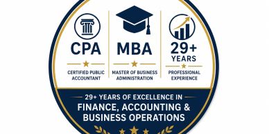 Badge highlighting CPA, MBA, and 29+ years of professional experience in finance and business.