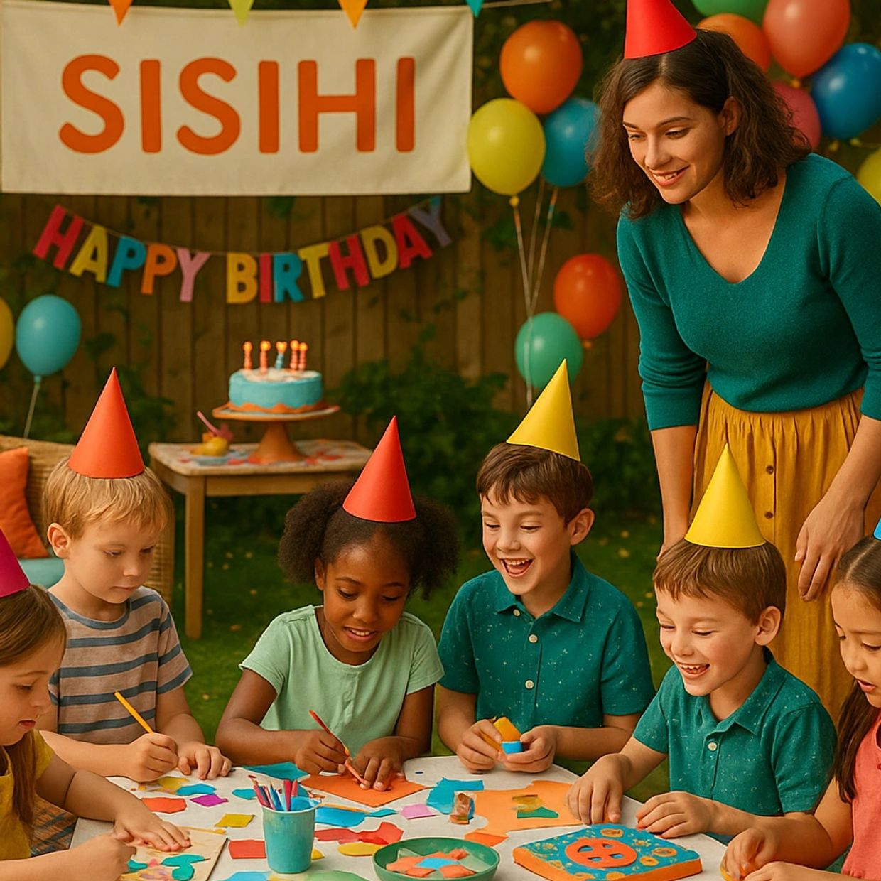 Children wearing party hats creating crafts at a colorful birthday party.