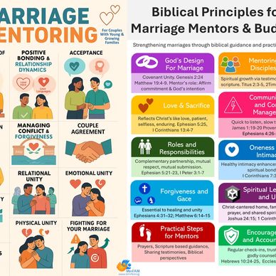 Illustrated guide on marriage mentoring with biblical principles for couples.