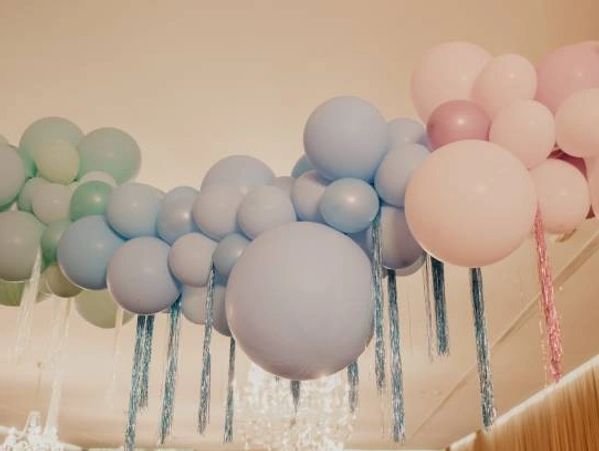 Green, Blue, Pink, hanging balloon garland with fringe