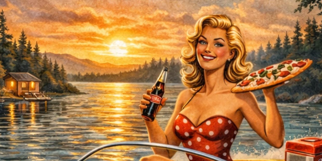 "B" enjoying an evening on the lake in her boat with a pizza and soda in hand.
