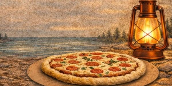 A picture of a pepperoni pizza and a vintage style lantern near a lake setting.
