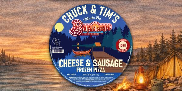 The Chuck & Tim's pizza line label over a lake scene.