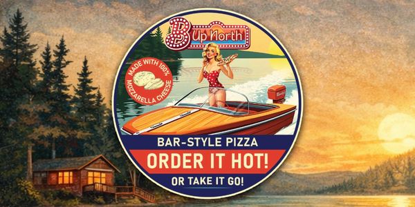 The B Up North pizza label over a lake scene at sunset.