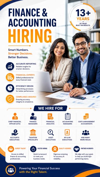Finance and accounting hiring advertisement with two professionals.