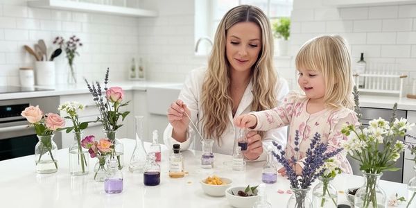 A woman and child mixing colorful liquids with flowers in glass bottles on a white kitchen table.