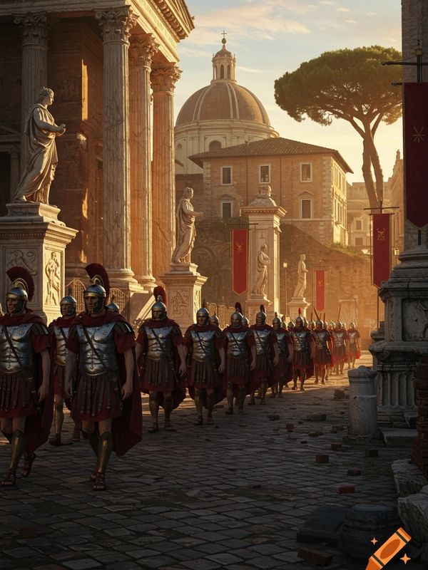 Roman soldiers march through an ancient city street at sunset.