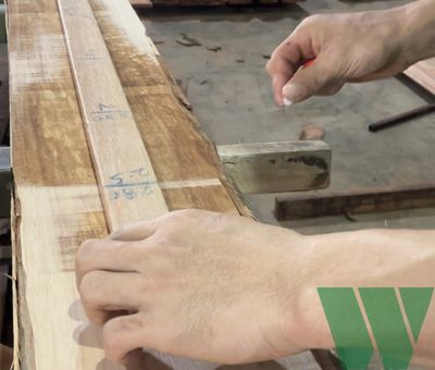 A staff holding a chalk ready to do marking on a wood