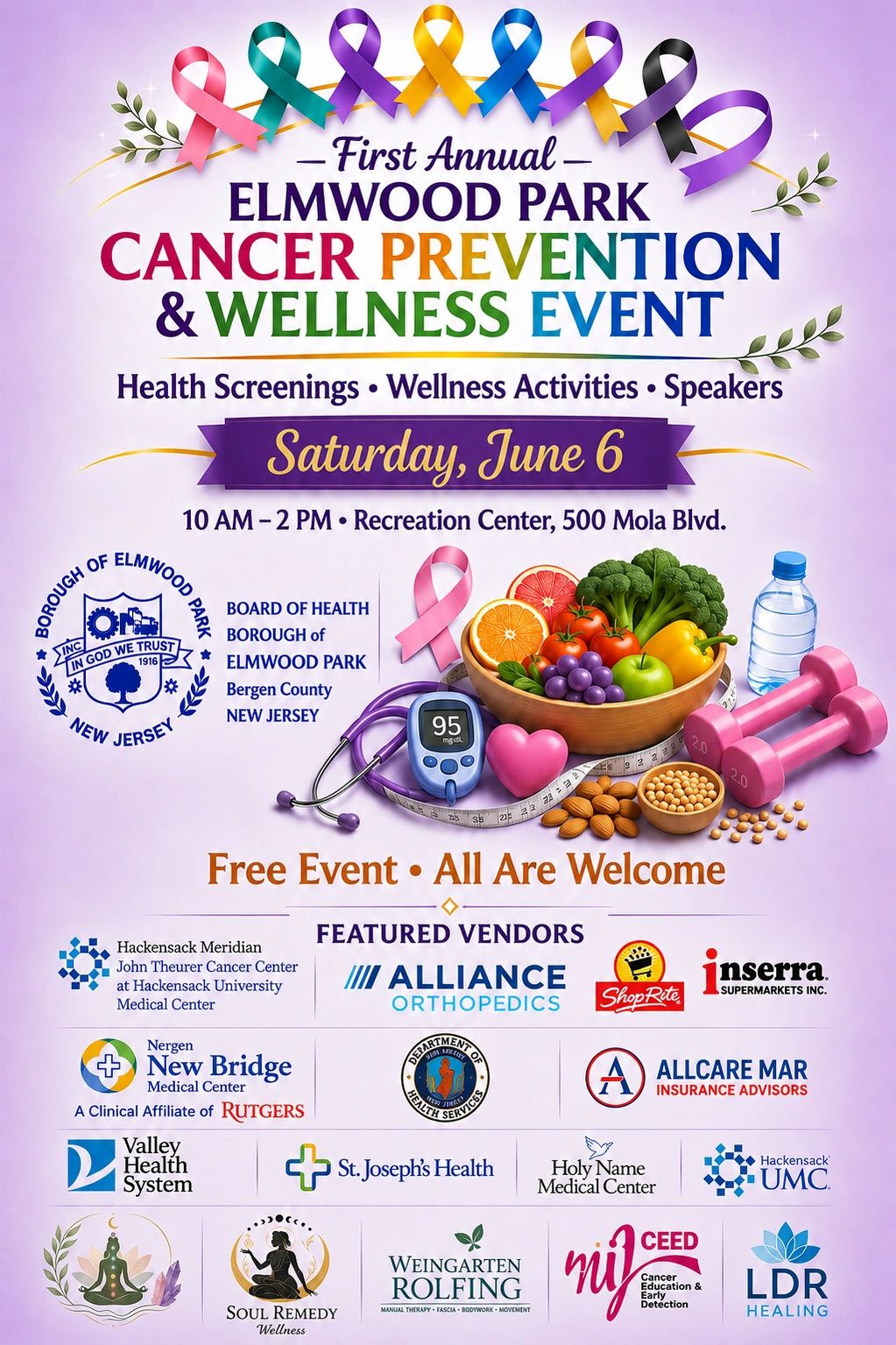 Flyer for Elmwood Park Cancer Prevention &amp; Wellness Event on June 6.