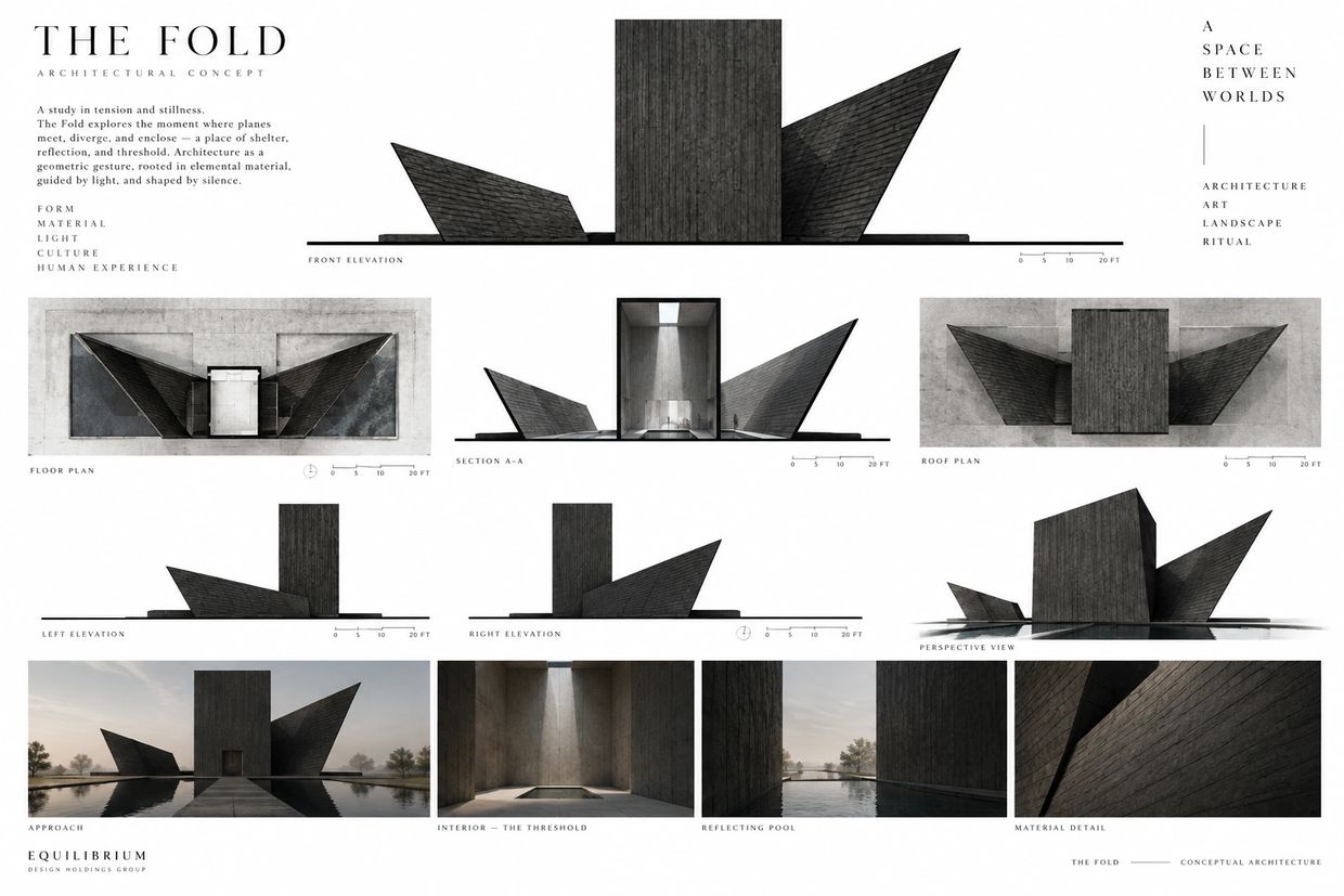Architectural concept 'The Fold' with elevations and plans.
