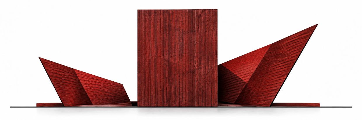 Abstract red wooden geometric sculpture on white background.