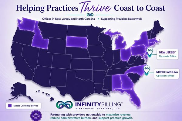 Map showing Infinity Billing's offices in New Jersey and North Carolina, serving providers nationwide.
