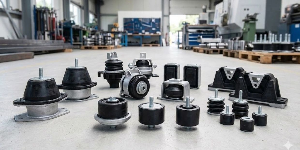 Various industrial rubber mounts and vibration isolators arranged on a workshop floor.
