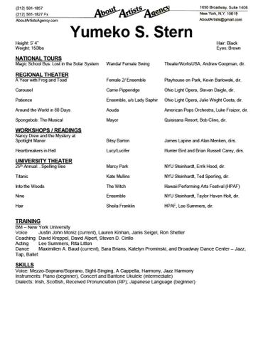 Resume of actress Yumeko S. Stern listing roles, training, and skills.
