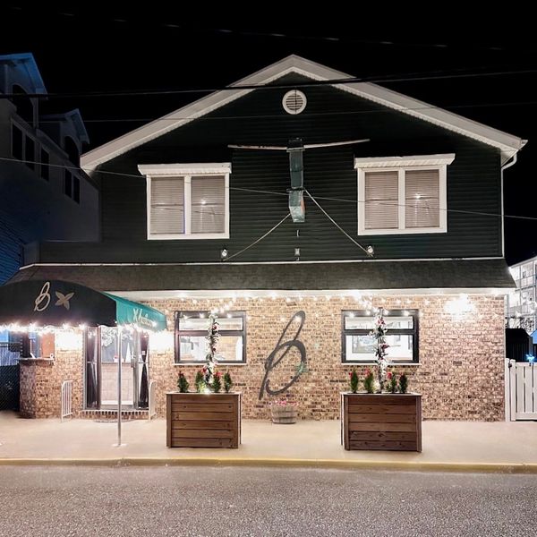Night view of a cozy building with decorative lights and plants.