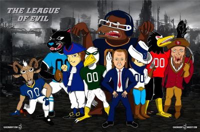 Cartoon characters in sports uniforms labeled 'The League of Evil'.