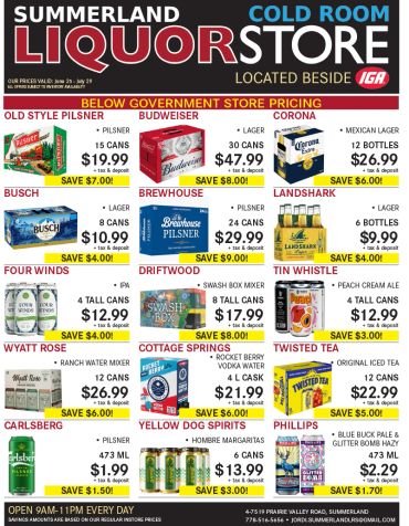 Summerland Liquor Store advertisement with various beer and spirit deals.