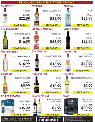 Liquor store flyer showcasing discounted prices on popular alcoholic beverages.