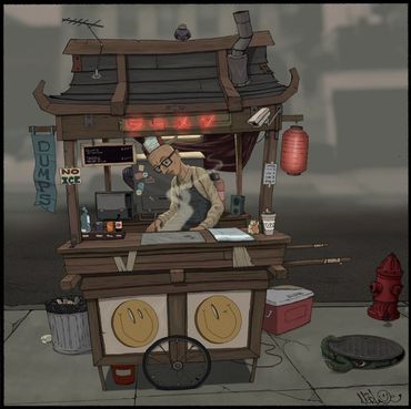 A street vendor in a wooden cart with Asian design elements and a relaxed atmosphere.